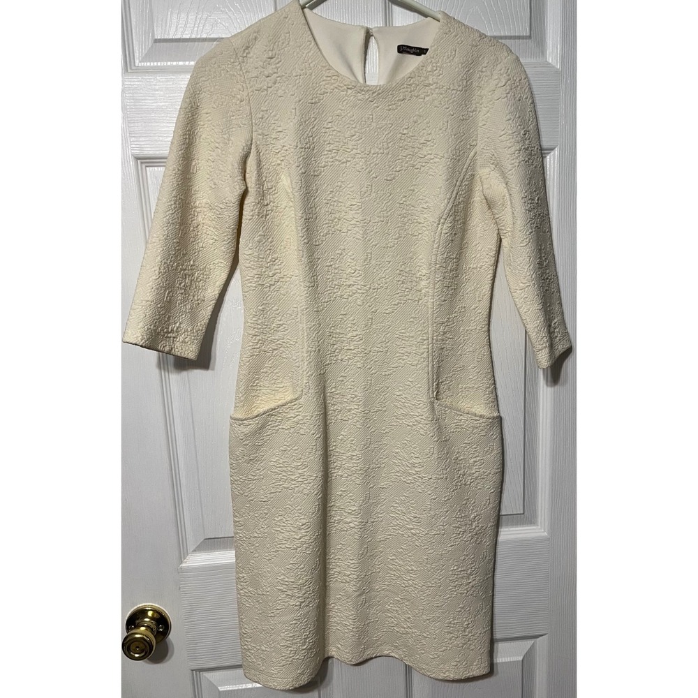 J.McLaughlin Cream Textured Jacquard Sheath Dress Sz S Pockets Career Party